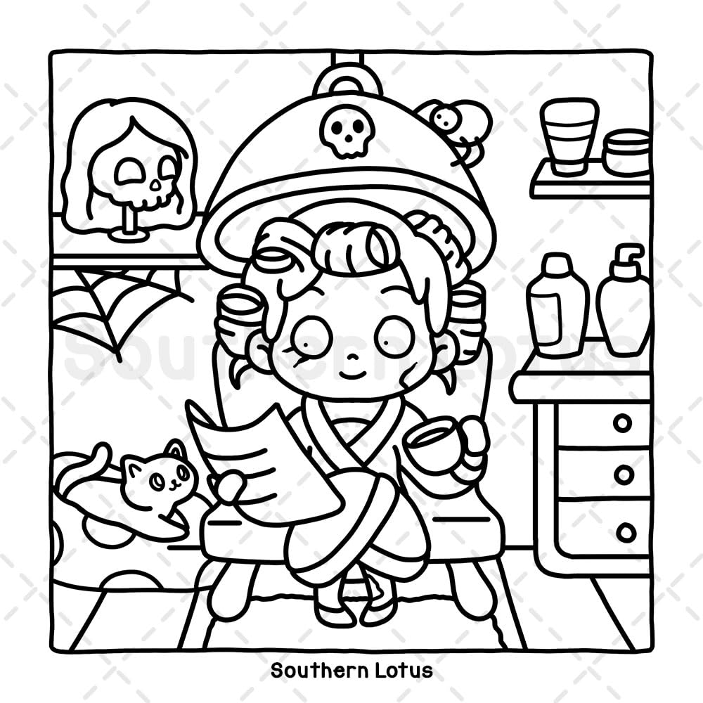 Spooky Vibes: Coloring Book for Adults and Teens with Cute Creepy Characters and Hygge Scenes, Easy and Cozy Designs for Relaxation and Stress Relief image number 1