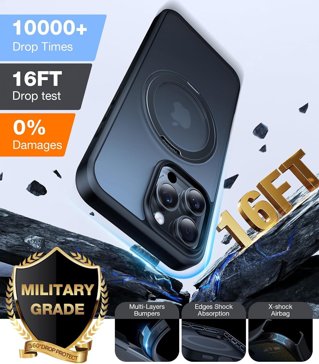 TORRAS 360&deg;Rotatable Magnetic Ring for Iphone 16 Pro Case, Fit for Magsafe with Stand & Ring Holder, 16FT Military Grade Shockproof Translucent Back for Iphone 16 Pro, Black image number 2