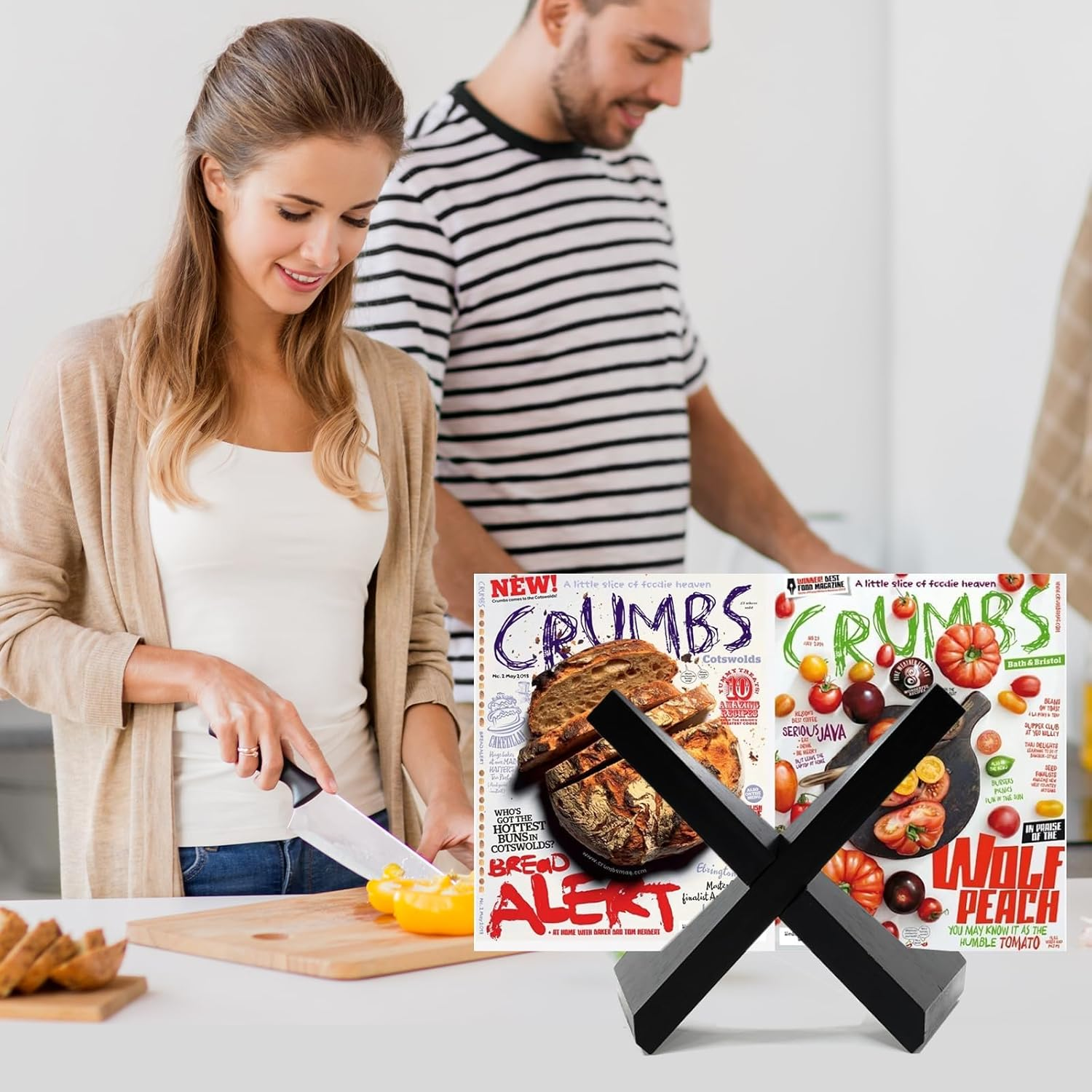 Cookbook Stand for Kitchen, Black Recipe Book Holder for Counter, Wooden Cookbook Holder, Wooden Plate Holder Display Stand for Tabletop image number 1