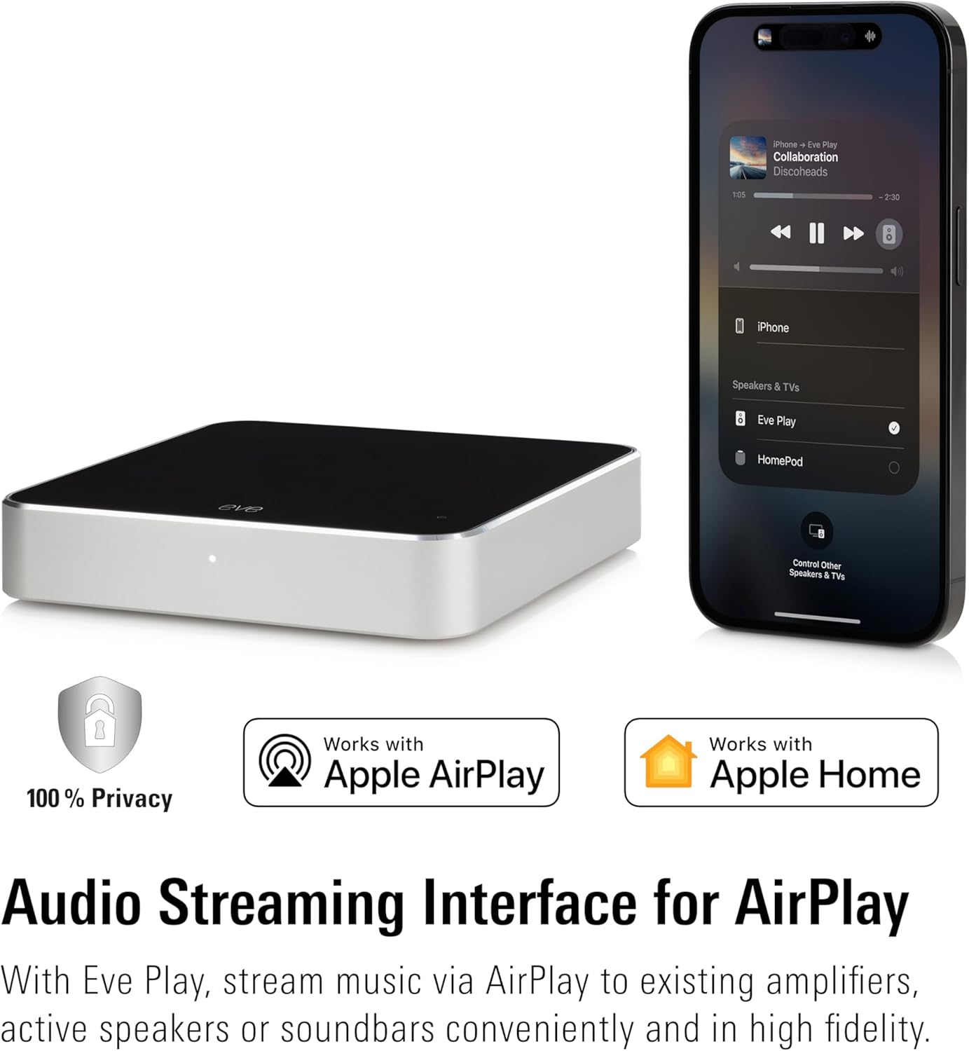 Eve Play (Apple Home) &ndash; Audio Streaming Interface for Airplay, Upgrade to Airplay Audio Streaming, Latency Compensation, Digital-To-Analog Converter, Three Audio Outputs, Ethernet, 2.4/5 Ghz Wi-Fi image number 2