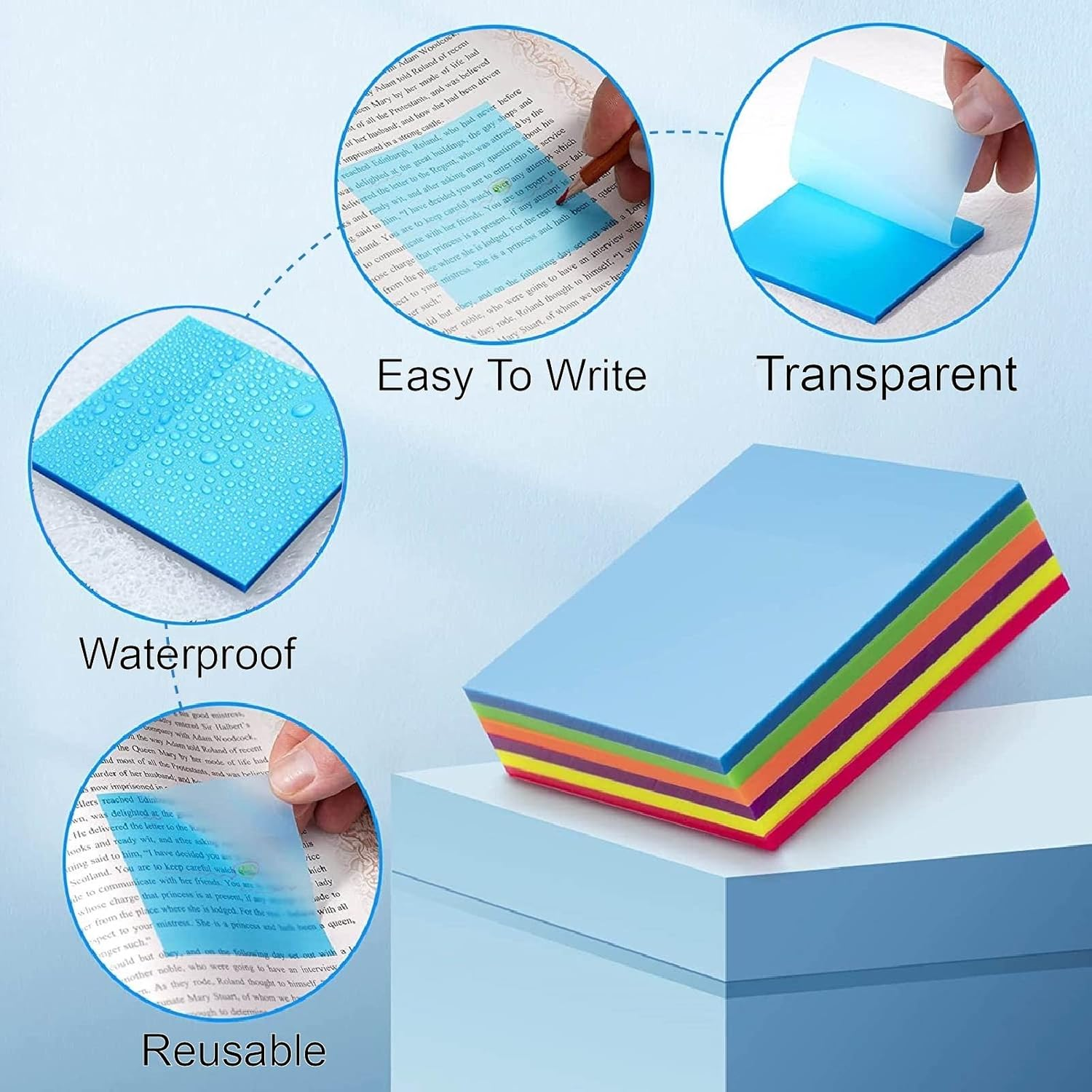 Masper 6 Pads/300 Sheets Transparent Sticky Notes in 6 Colours, 7.5Cm X 7.5Cm Clear Sticky Notes, Quality Waterproof Sticky Notes Memo Pads - Transparent image number 5