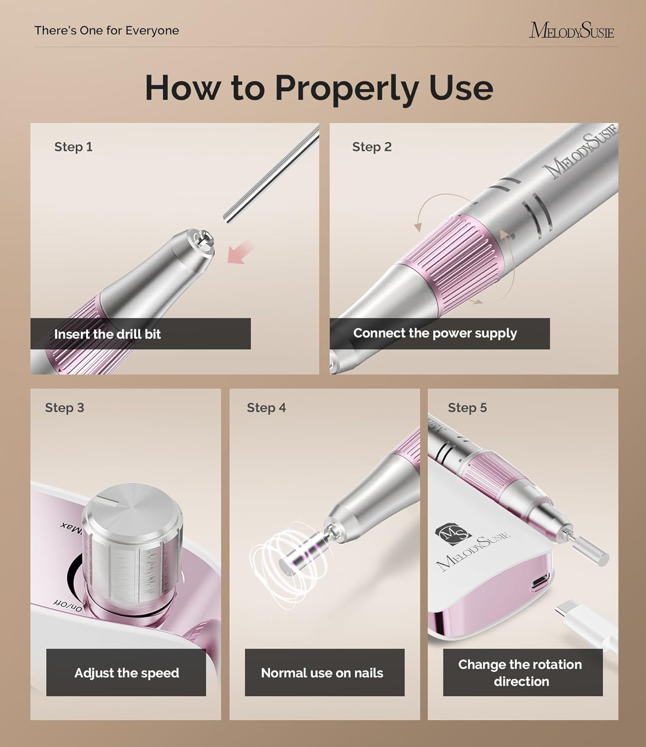 Melodysusie Portable Nail Drill 30000 RPM,SC320F Professional Rechargeable Electric Nail File,Cordless Nail E File for Acrylic Nails Gel Polishing Removing,Efile Nail Kit for Manicure Salon Home,Rose - Rose image number 5