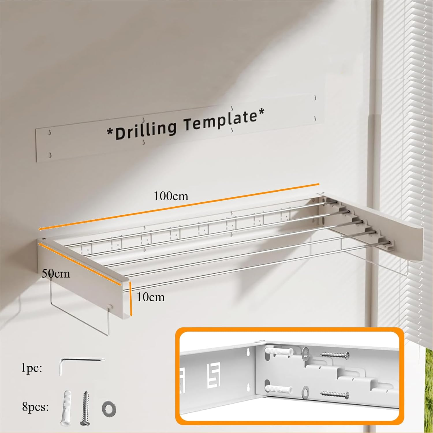 DAIYEE 39.4" Wide Laundry Drying Rack Collapsible, 13.1 Linear Ft, 5 Stainless Steel Rods, 45 Lb Capacity, Wall Mounted Clothes Drying Rack,100Cm with Towel Rack,White image number 2