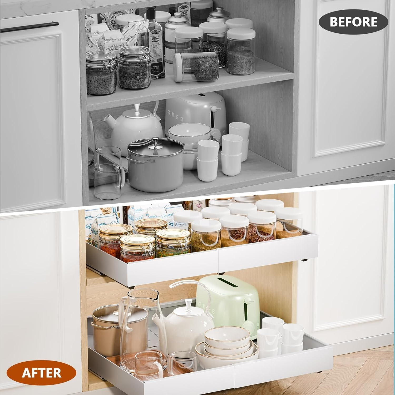 2 Pack 53Cm Deep Pull Out Cabinet Organizer, Expandable Pull Out Drawers for Cabinets Adhesive with Film, Upgrade 3 Slide Rails Slide Out Drawers, Width 32Cm to 52Cm White