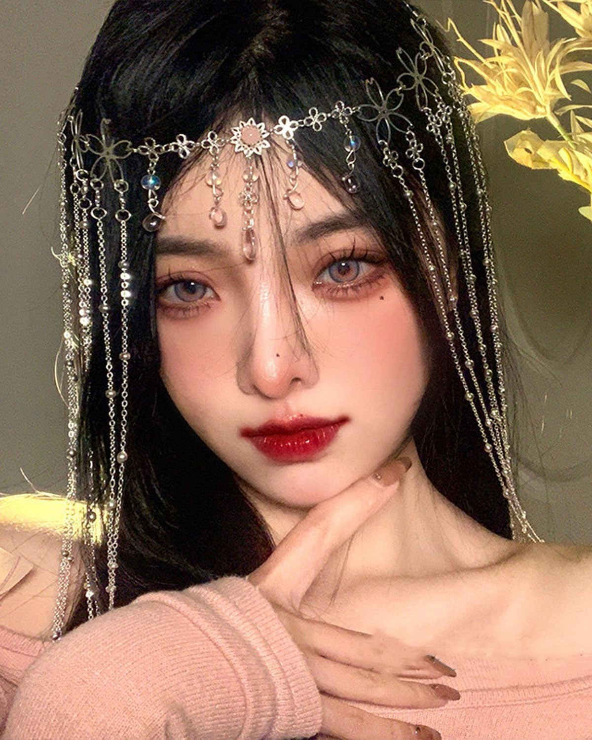 MOPZIJA 1 Piece Luxury Crystal Head Chain Head Jewellery Women'S Crystal Headpiece Jewellery Head Chain Silver Head Chain Shinny Boho Style image number 1