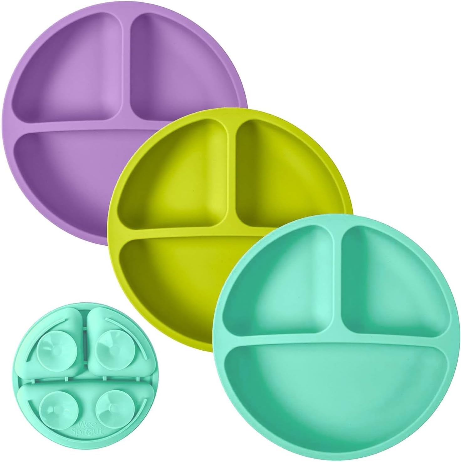 Baby Plates with Suction - Silicone Baby Suction Plates for Toddler Kids Self Feeding - Weaning Plates for High Chair Tray - Unbreakable, Portable, Non Slip (Green /Teal /Purple) image number 1