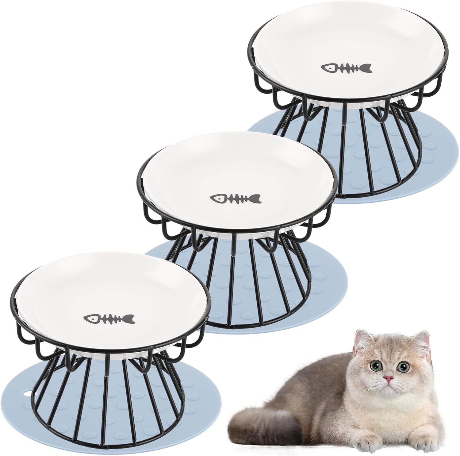 VIDETOL Set of 3 Raised Cat Bowls with Metal Stand and Non-Slip Mat, Ceramic Cat Bowls for Cats and Dogs image number 2