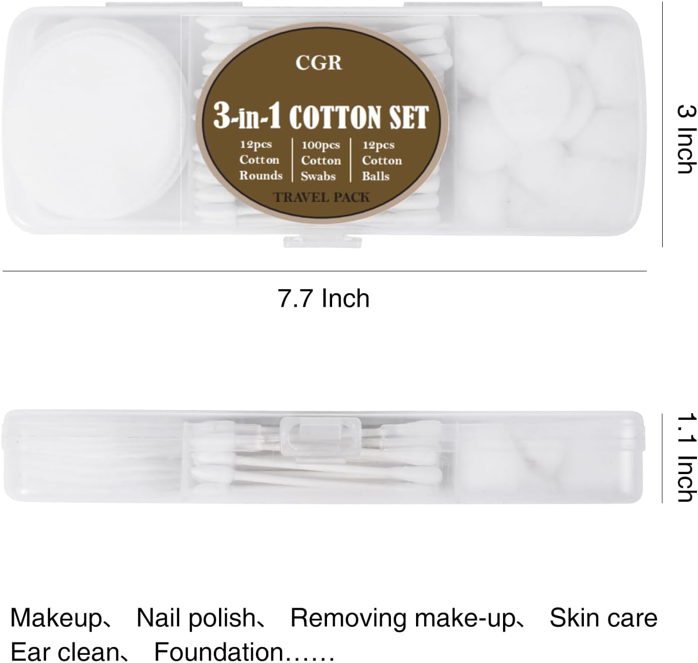 CGR Travel Cotton Swabs Set Portable, Eack Pack with 100 Cotton Swabs, 12 Cotton Rounds, 12 Cotton Balls in Reusable Storage Box for Ear, Cosmetics, Makeup Remover, Nail Polish Remover(Pack of 3) image number 1