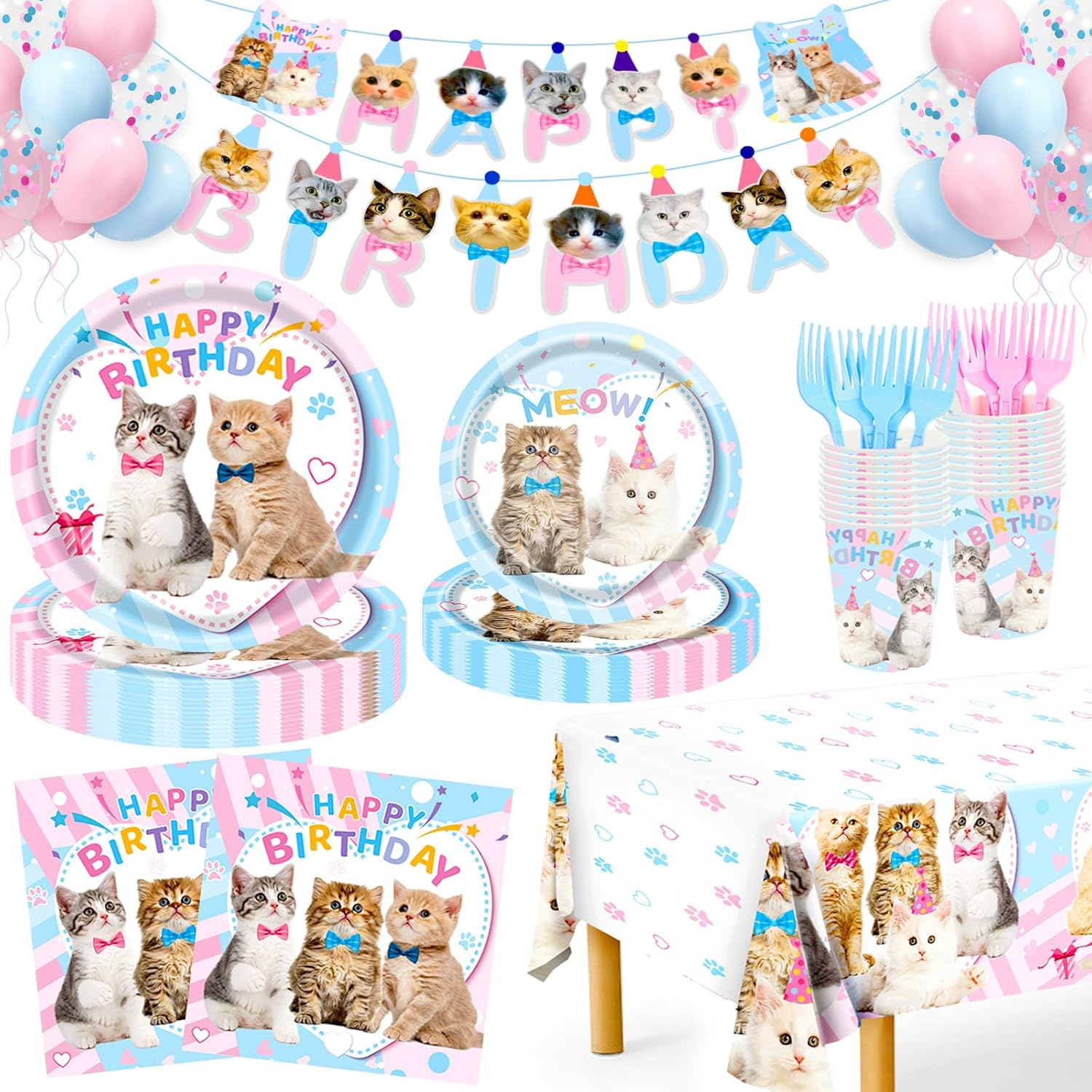 146Pcs Cat Birthday Party Supplies-Serves 24, Cat Party Decorations Kitten Disposable Tableware with Cat Party Plates Cups Napkins Tablecloth Balloons for Kitten Birthday Party Decorations Supplies image number 4