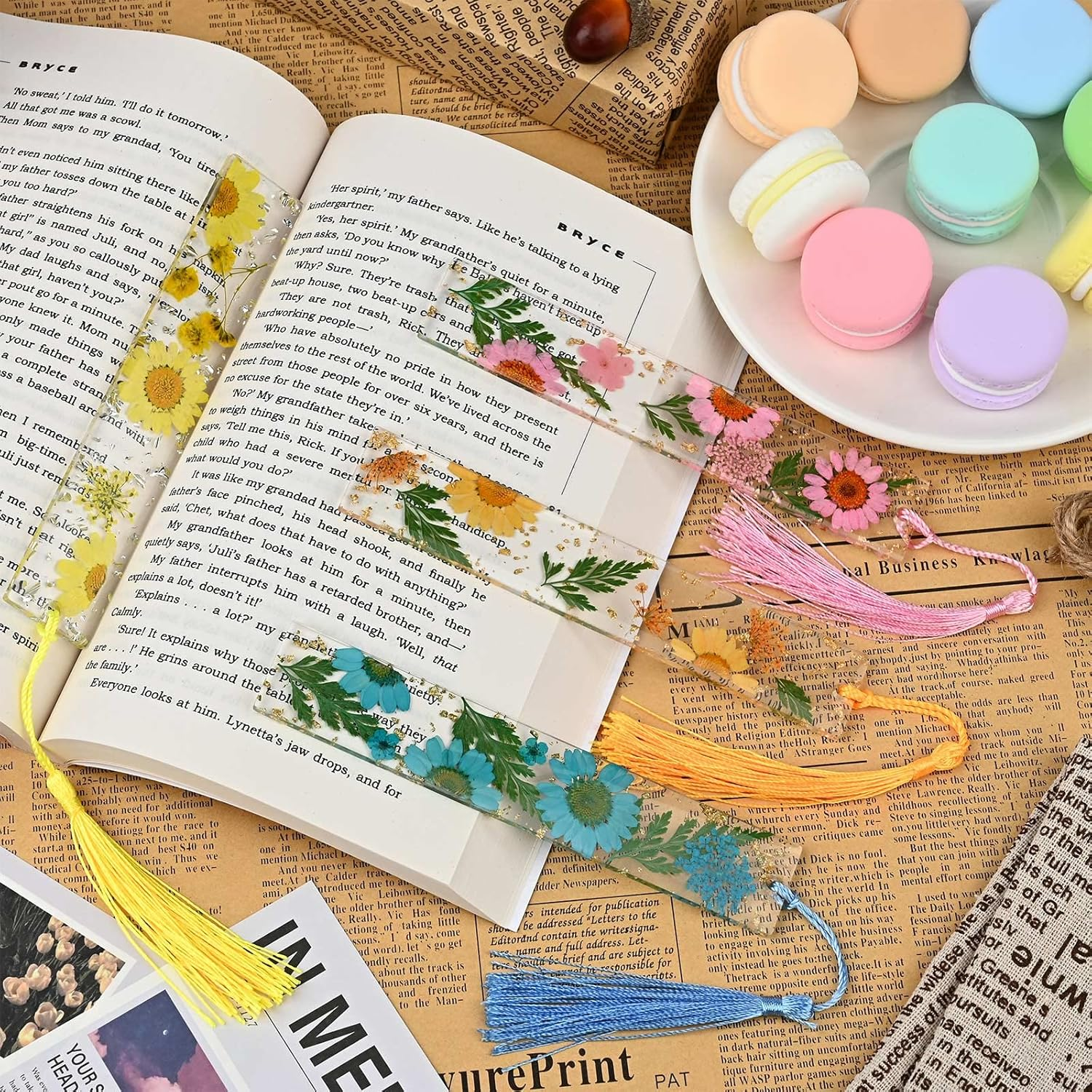 Kavoc 4 Pieces Flower Acrylic Bookmarks Book Page Holder Floral Bookmarks with Colorful Tassels Thumb Ring Page Holder Transparent Page Holders for Reading Students Teachers (Blue/Orange/Pink/Yellow) image number 1