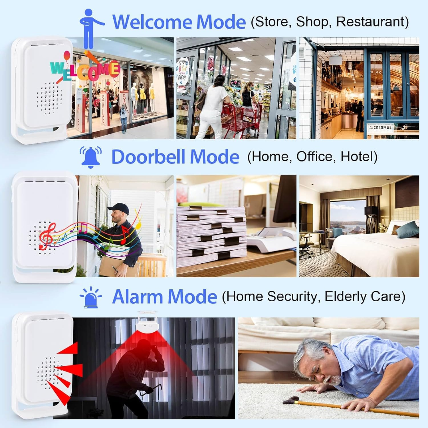 Motion Sensor Alarm,Wireless Motion Detector Door Chime Doorbell for Home Store Business,Caregiver Reminder for Elderly,Usb/Battery,Vibration image number 1