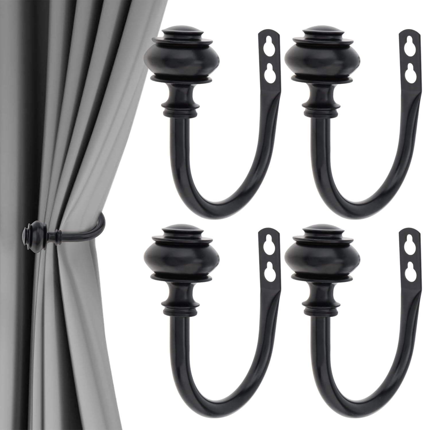 Curtain Holdbacks, 4 Pack Wall Mounted Window Drapery Tiebacks with Screws, U-Shaped Decorative Curtain Hook Holder for Bedroom, Livingroom, Office (4, Black)