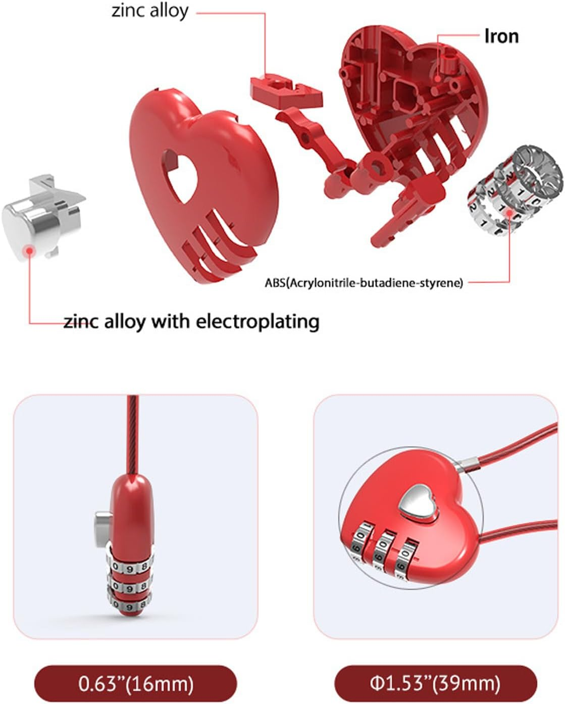 Maizoon 6 Pack Love Heart Combination Lock 3 Digit Waterproof Padlock with 400MM/15.75IN Steel Wire Resettable Code Combo Suitable for Luggage Motorcycle Helmet Backpack School Locker image number 2