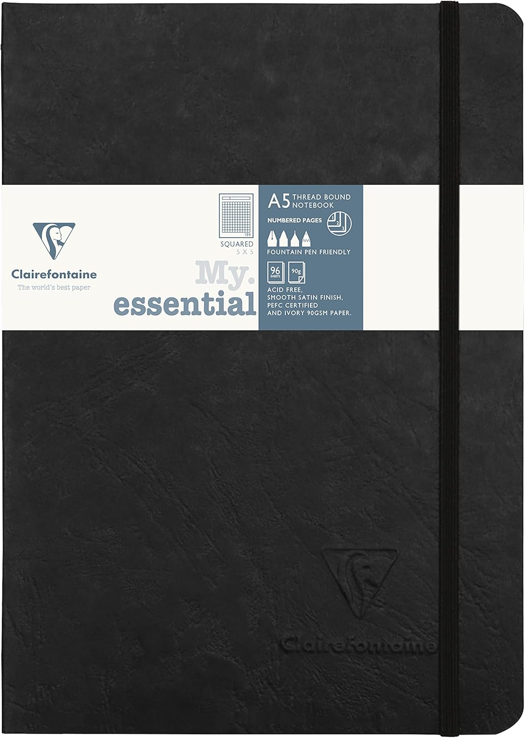 Clairefontaine 793425C Collection Age Bag One Stitched My.Essential Sewn Notebook Grey - A5 14,8X21 Cm - 192 Numbered Pages Small Squares - 90 G Ivory Paper - Glossy Card Cover Grain Leather