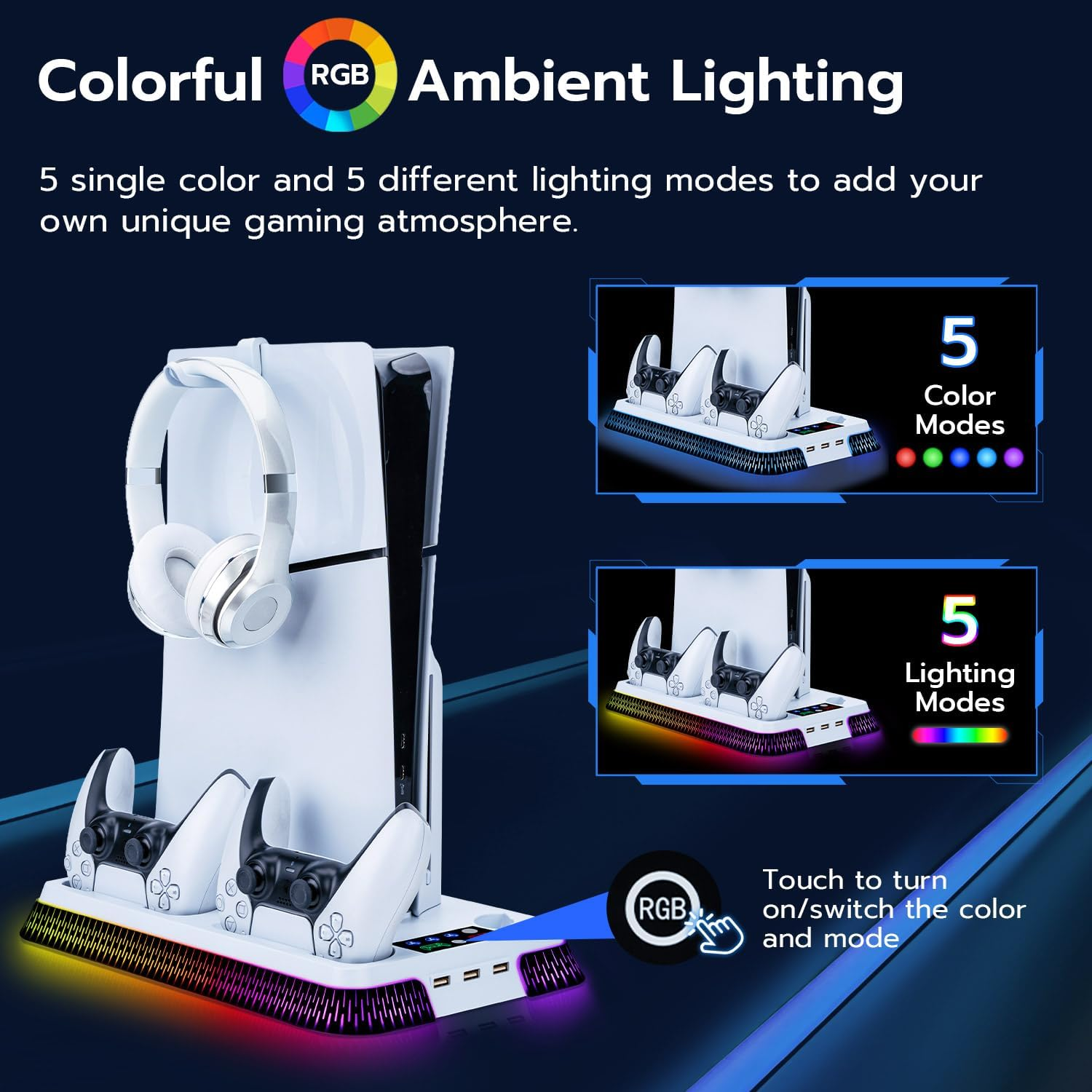 Mcbazel Cooling Charging Dock for PS5 Slim/Pro, Multifunctional Vertical Stand with RGB Cooling Fan,Dual Controller Charger,Headphone Holder,3-Speed Adjustable Fans for PS5 Console image number 3