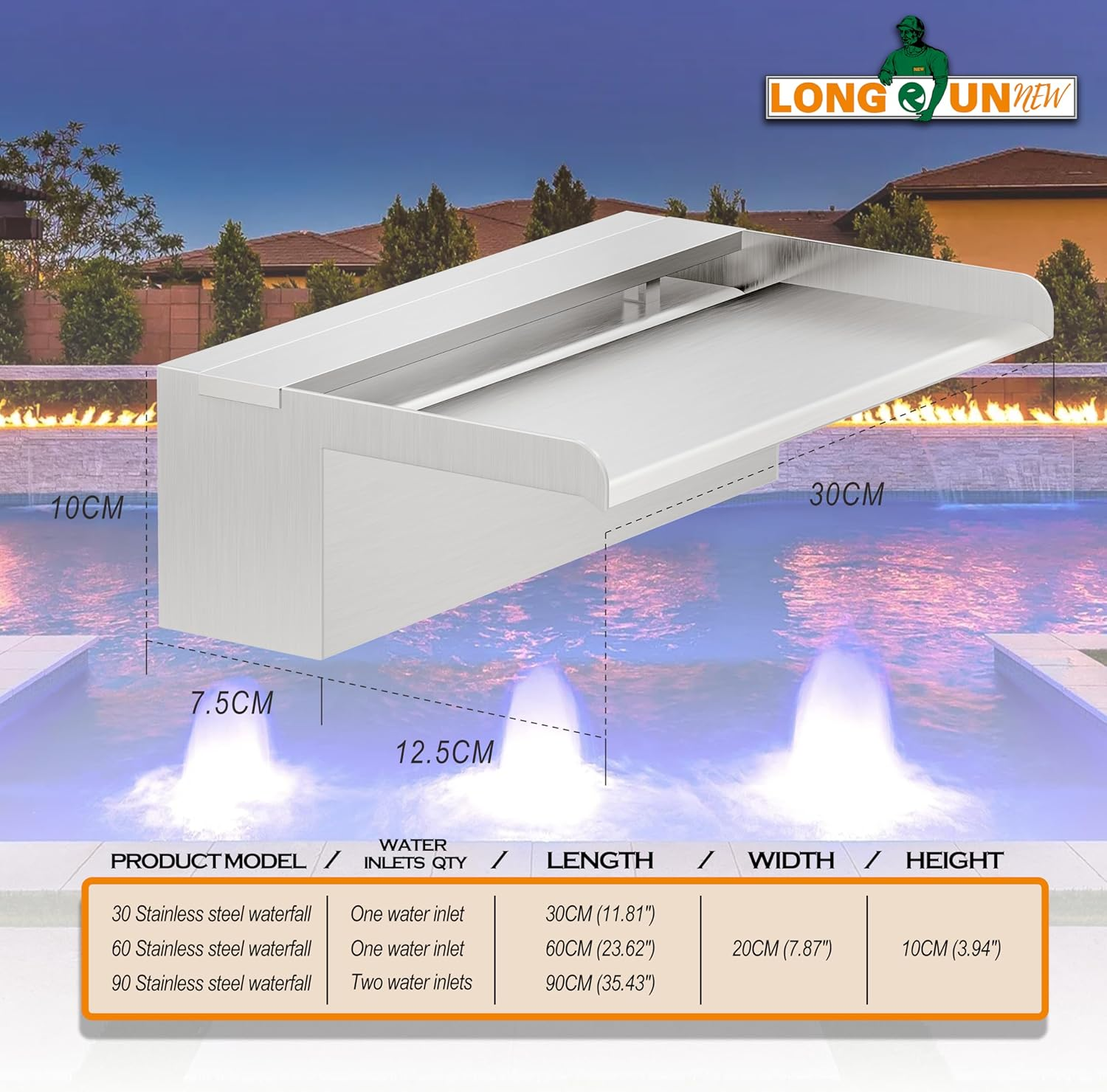 Pond Waterfall Blade Kit, 30Cm Stainless Steel Pool Fountain with Accessories, Width 20Cm Spillway Water Feature Waterfall Cascade for Garden Patio Pond Decoration image number 2