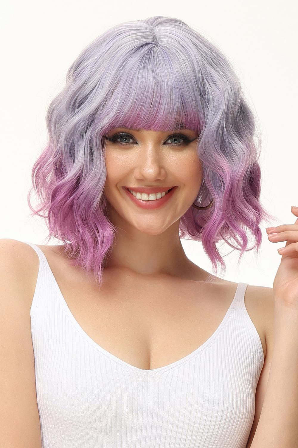 PORSMEER 10&ldquo; Short Wavy Bob Light Purple to Rose Wigs with Fringe for Women Wave Bob Curly Wig Synthetic Natural Looking Heat Resistant Fiber Wig (Purple/Pnk) - Dark Brown image number 3