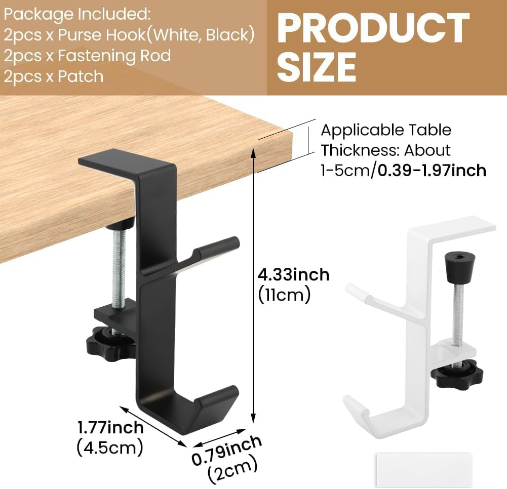 Mijradge Desk Mount Bag Holder Hook Clamp, 2-Pack, White+Black, Aluminium, 2 Hooks, Clamp Mount image number 5