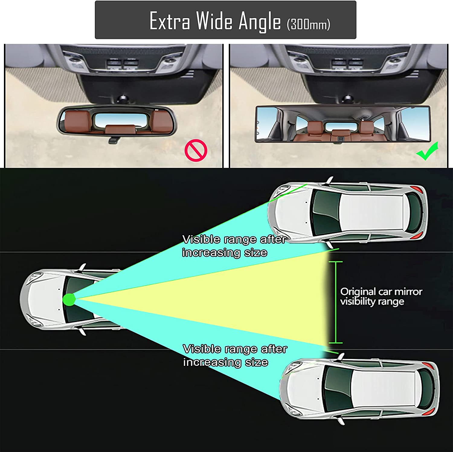 XUKEY Panoramic Rearview Mirror,Universal Car Truck Interior Rear View Mirror anti GLARE Rearview 300Mm Wide-Angle Surface Blue Mirror Auto Accessorie image number 1