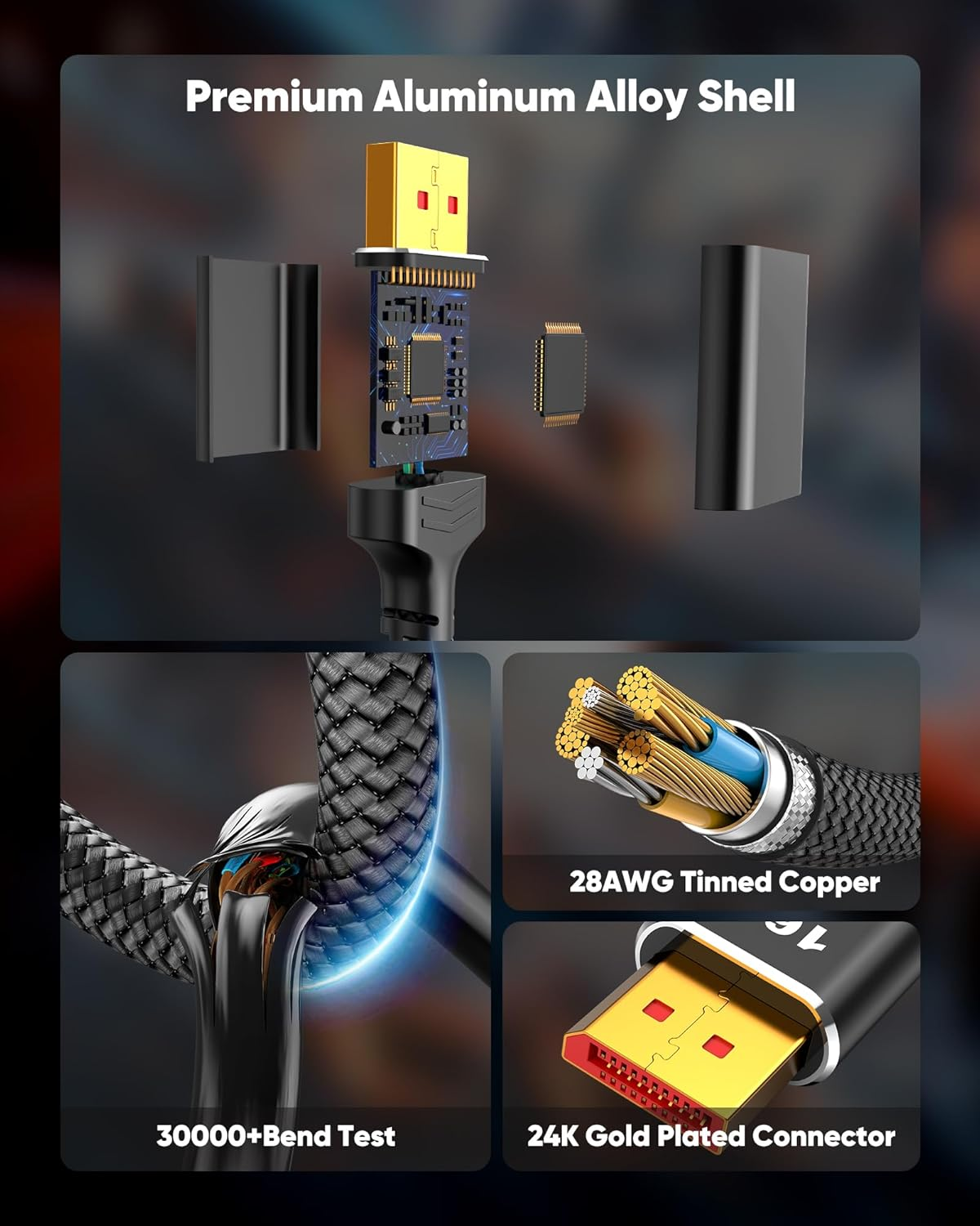 Highwings 80Gbps Displayport Cable 2.1 2M 16K 60Hz 8K 120Hz 4K 240Hz Dp 2.1 Cable 16K Braided Cord Compatible Gaming Monitor 4090 AMD 7900Xtx Black image number 5