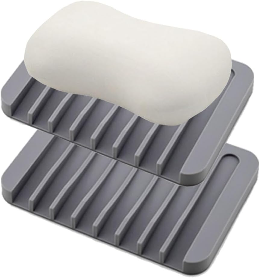 Vekol Self Draining Soap Dishes 2PCS Silicone Soap Holder Waterfall Drainer Soap Saver, Sponge Holder, Dish Soap Tray for Shower, Bathroom, Kitchen, Bath Tub, Razor (White+White)