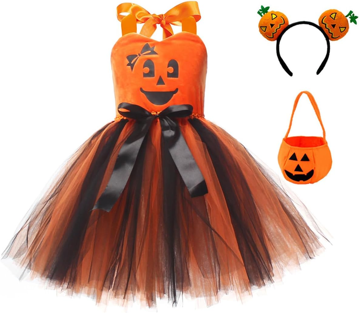 IDOPIP Halloween Pumpkin Costume for Kids Girls Princess Party Dress up Cosplay with Headband and Bags for Photo Shoot 2-12T