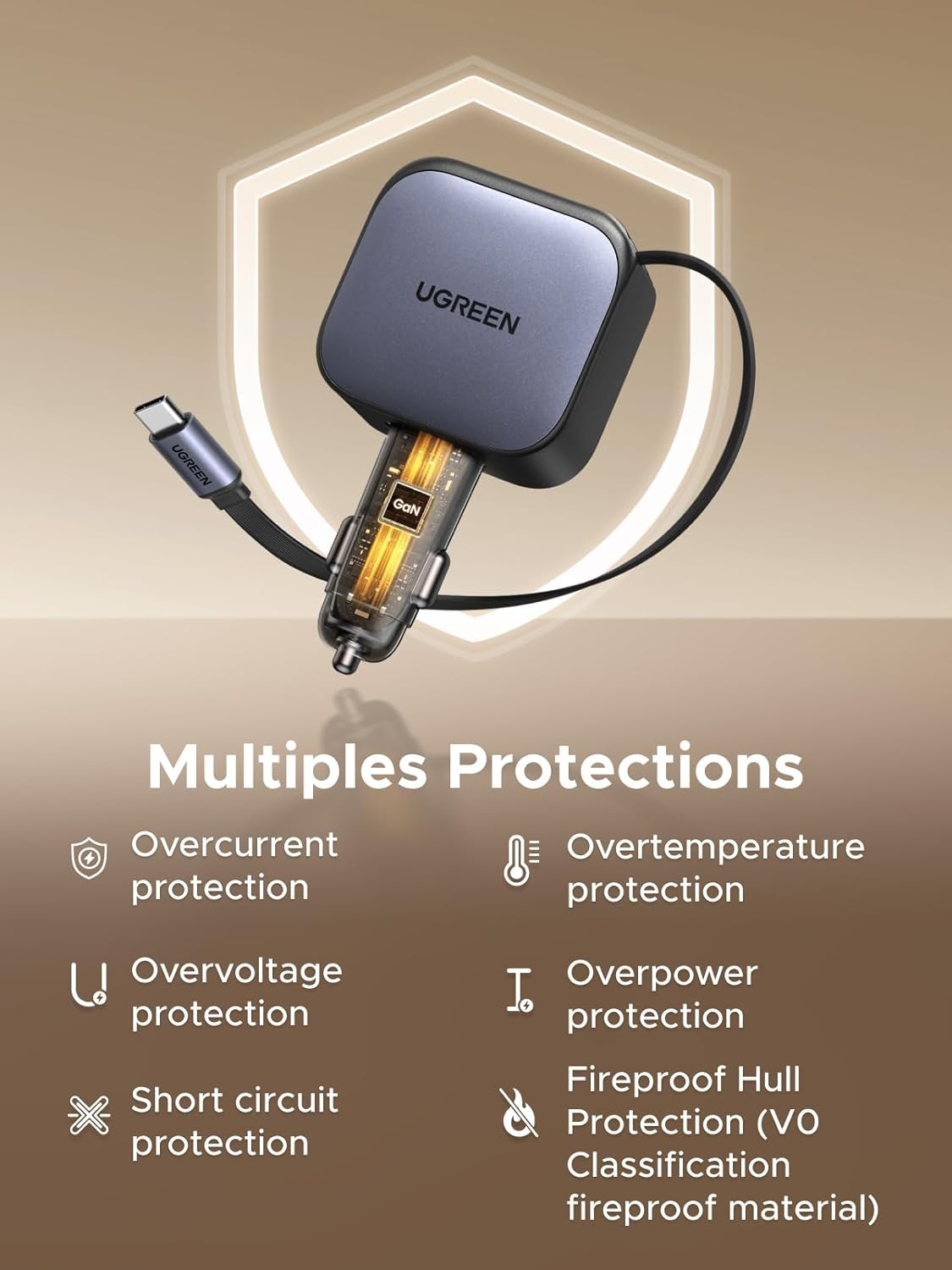 UGREEN 60W 2C1A Car Charger with Retractable Cable, 3-Port Fast Charger with 30W PD USB-C, USB-A, Cigarette Lighter Adapter for Iphone 17/16/15, Galaxy S25/S24, Ipad, GPS, 12V Car Accessories