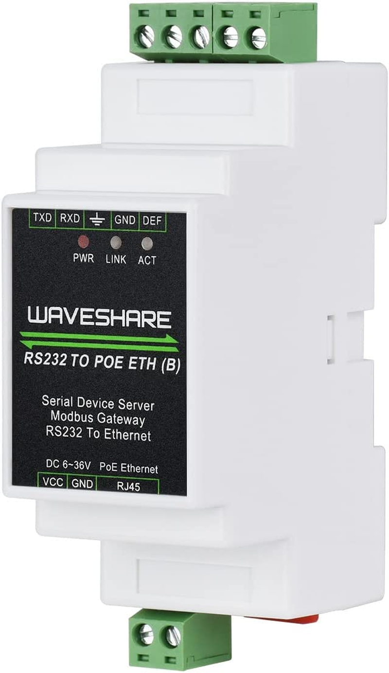 Waveshare Industrial Serial Server, RS232 to RJ45 Ethernet, TCP/IP to Serial, Rail-Mount Support, with POE Function image number 1
