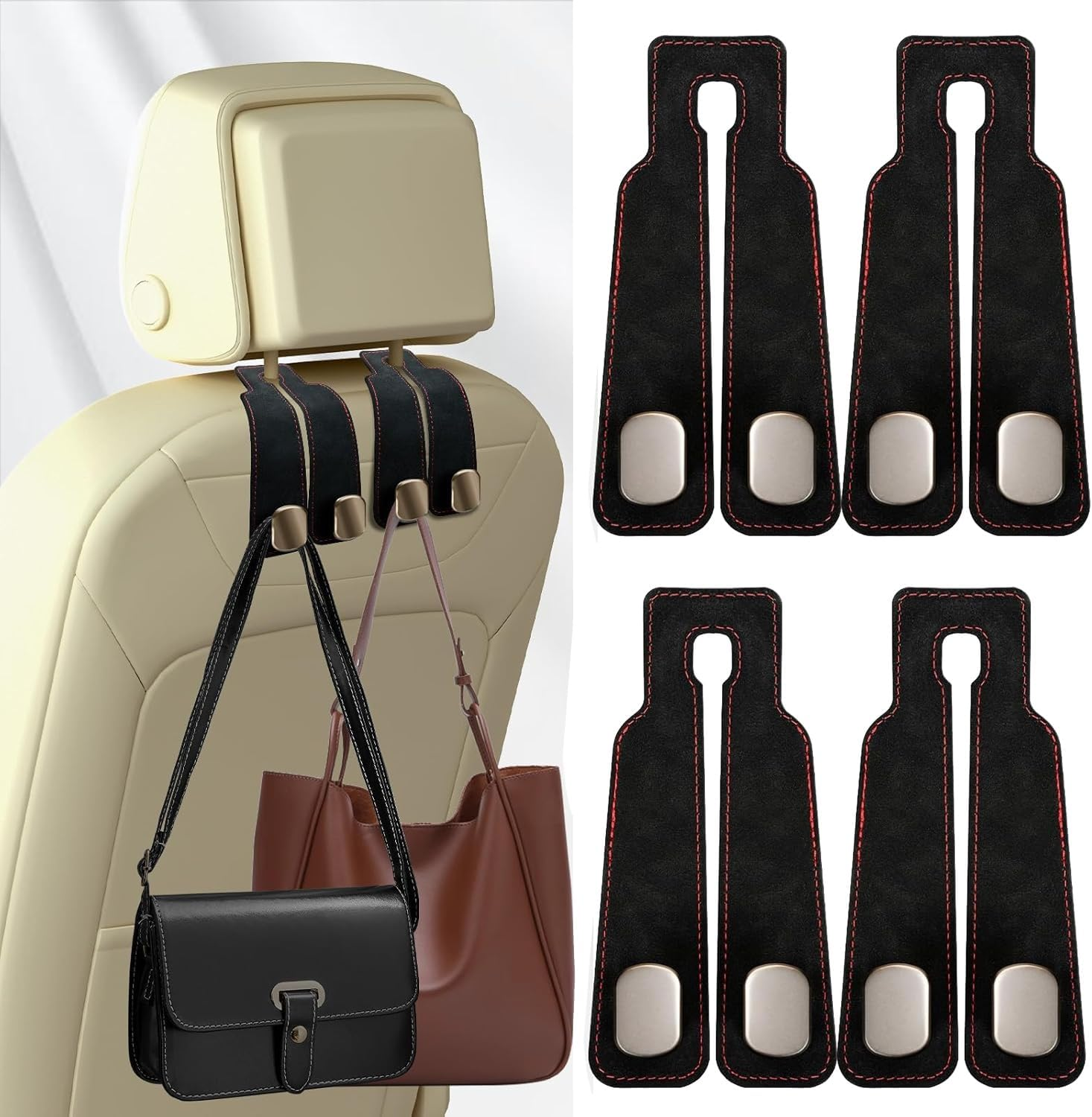 Usinynia 4 Pack Car Hooks for Headrest Double Car Seat Headrest Hooks Car Seat Back Storage Hook for Purses and Bags Leather Purse Hook for Car (Black)