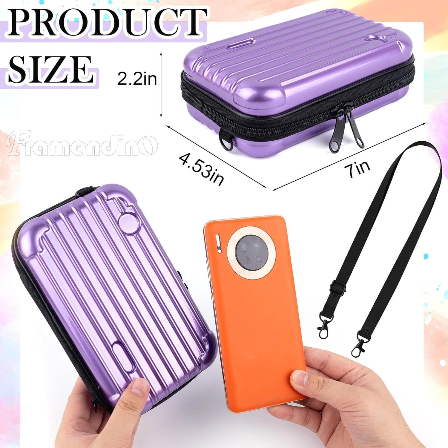 Framendino, Purple Hard Shell Cosmetics Case Carrying Bag for Toiletry Mini Cross Body with Detachable Grip Rope and Shoulder Strap Women - Red image number 7