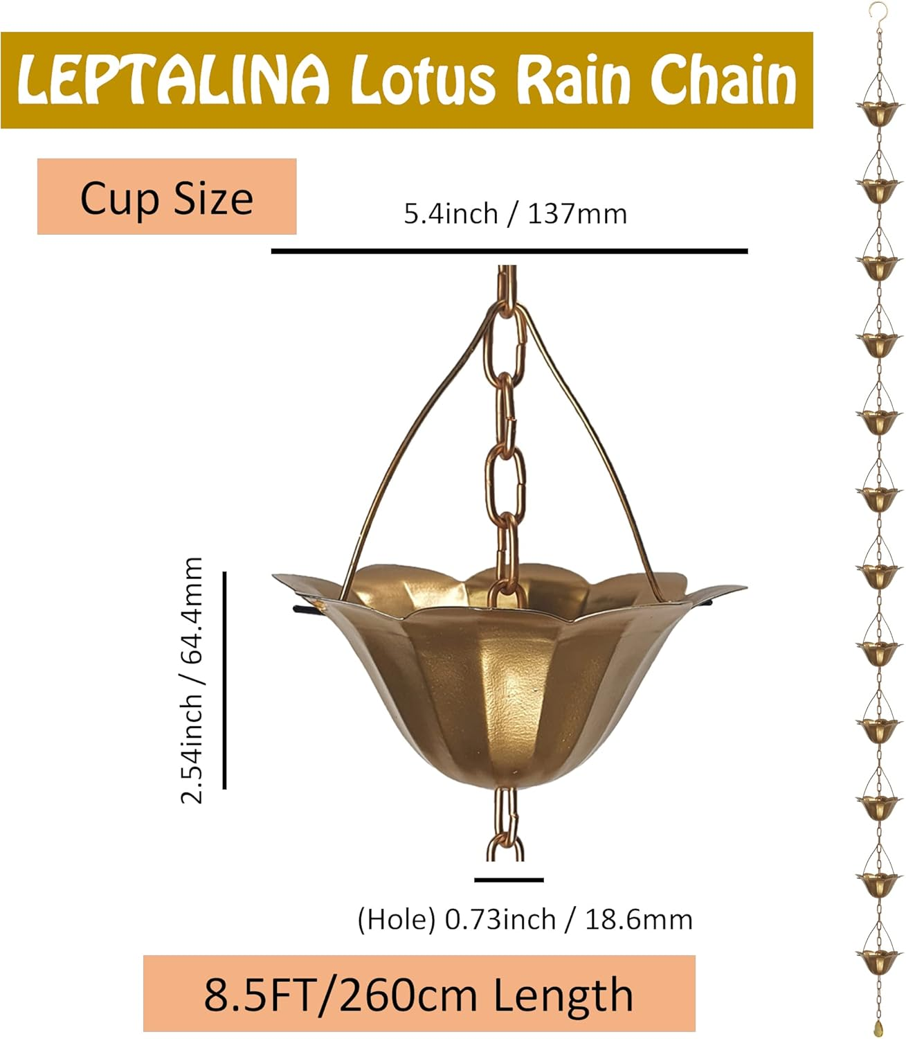 8.5FT Lotus Copper Colored Iron Rain Chains for Gutter and Rain Barrel, Rust-Resistant Plated Garden D&eacute;cor Rain Chain for Downspout, Bonus Rain Chain Gutter Adapter - Antique Bronze image number 5