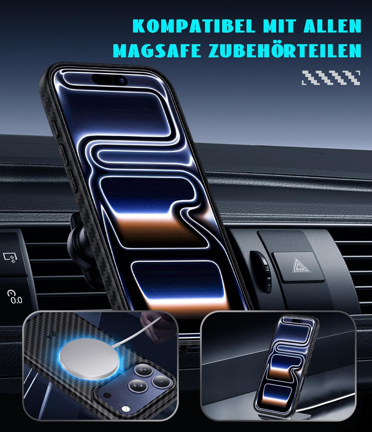 Phoneaura Magcase Deluxe Carbon Case for Iphone 17 Pro, Compatible with Magsafe, Carbon Case, Iphone 17 Pro, Protective Glass Case, Mobile Phone Case (Carbon Look + 2 Protective Glasses + 1 Camera image number 3