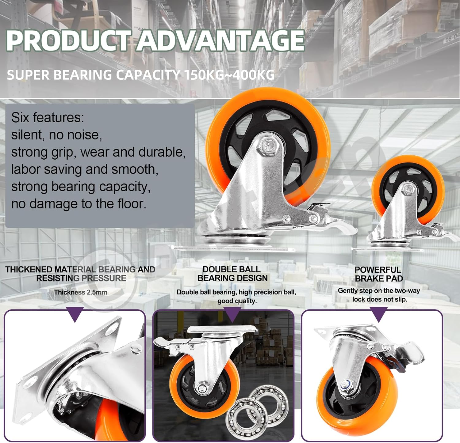 Swpeet 53Pcs 1.5 Inch Swivel Plate Casters Wheels, Heavy Duty Casters 2 with Brakes 2 without Brakes, Safety Dual Locking Casters with Wrench Screws, No Noise Polyurethane Wheels Casters for Furniture