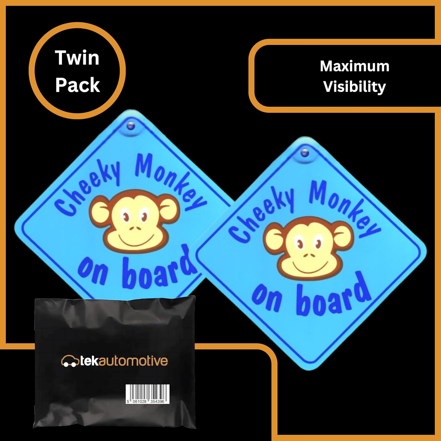 Blue Cheeky Monkey on Board Car Sign | Twin Pack | Baby on Board Sign for Car | 5.5" X 5.5" with Suction Cup | Baby Car Sticker | Fun Baby on Board Badge for Kids Safety image number 1