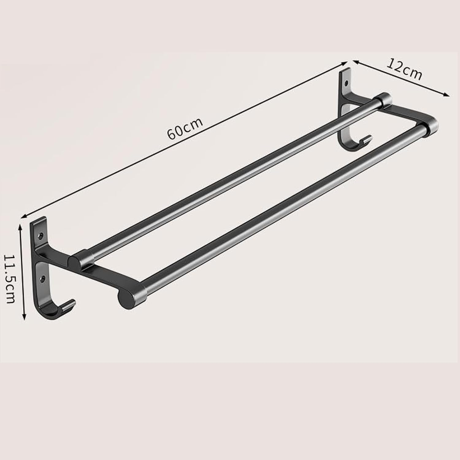 ZOOMTEC Double Towel Rail Rack, 60Cm No Drill Adhesive Bathroom Towel Holder, Wall Mounted Towel Storage (Grey) - Black image number 3