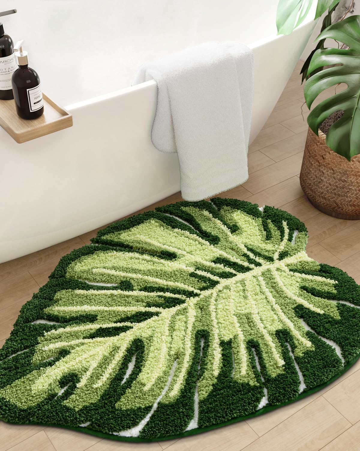 DEXI Bathroom Rugs Bath Mat Shower Floor Bathmat Non Slip Absorbent Washable Carpet Monstera Deliciosa Embossed Leaf Shaped 23.5"X31.5"