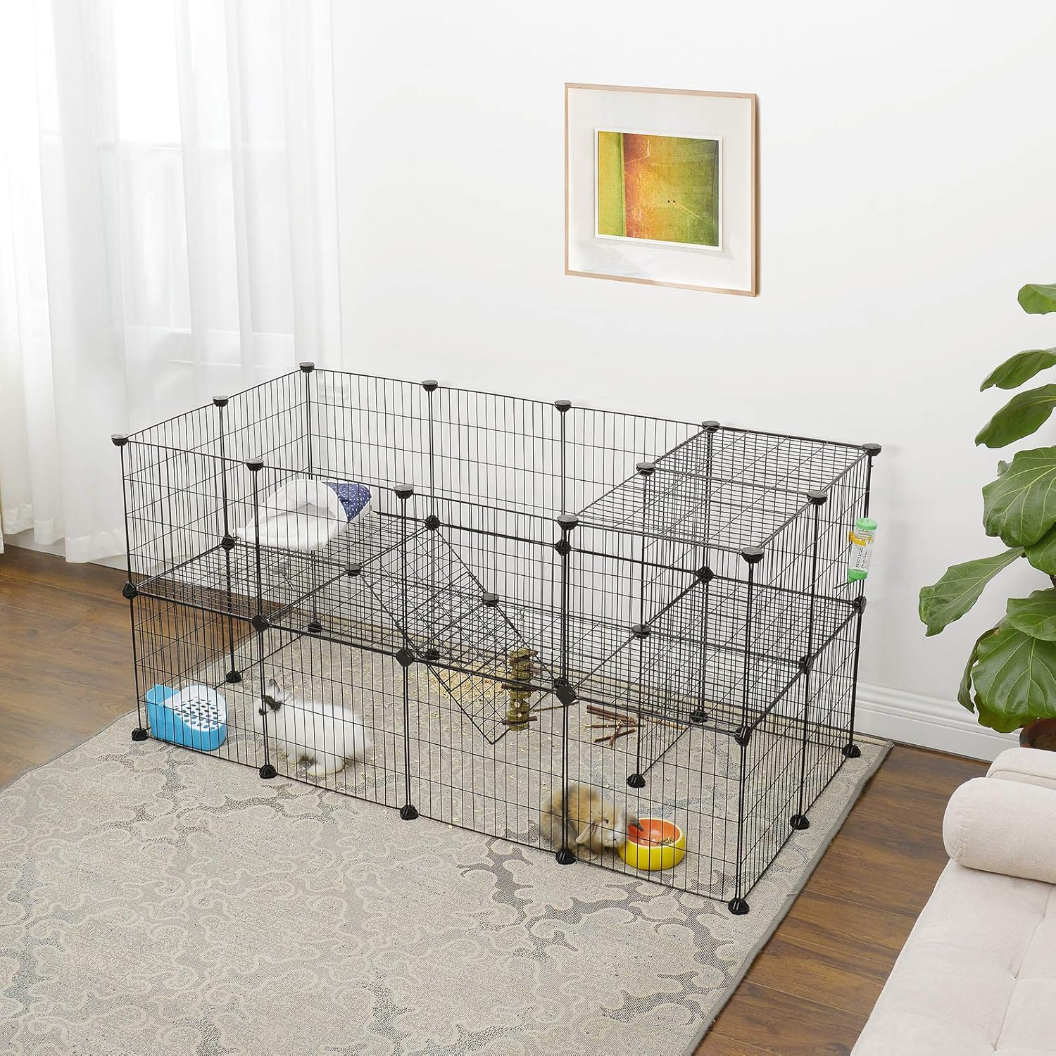 SONGMICS 2-Floor Metal Pet Playpen, 36 Grid Panels, Customisable Cage Enclosure for Small Animals, Guinea Pigs Hamster Runs, Rabbit Hutches, Includes Mallet, Indoor Use, 143 X 73 X 71 Cm, Black LPI02H image number 6