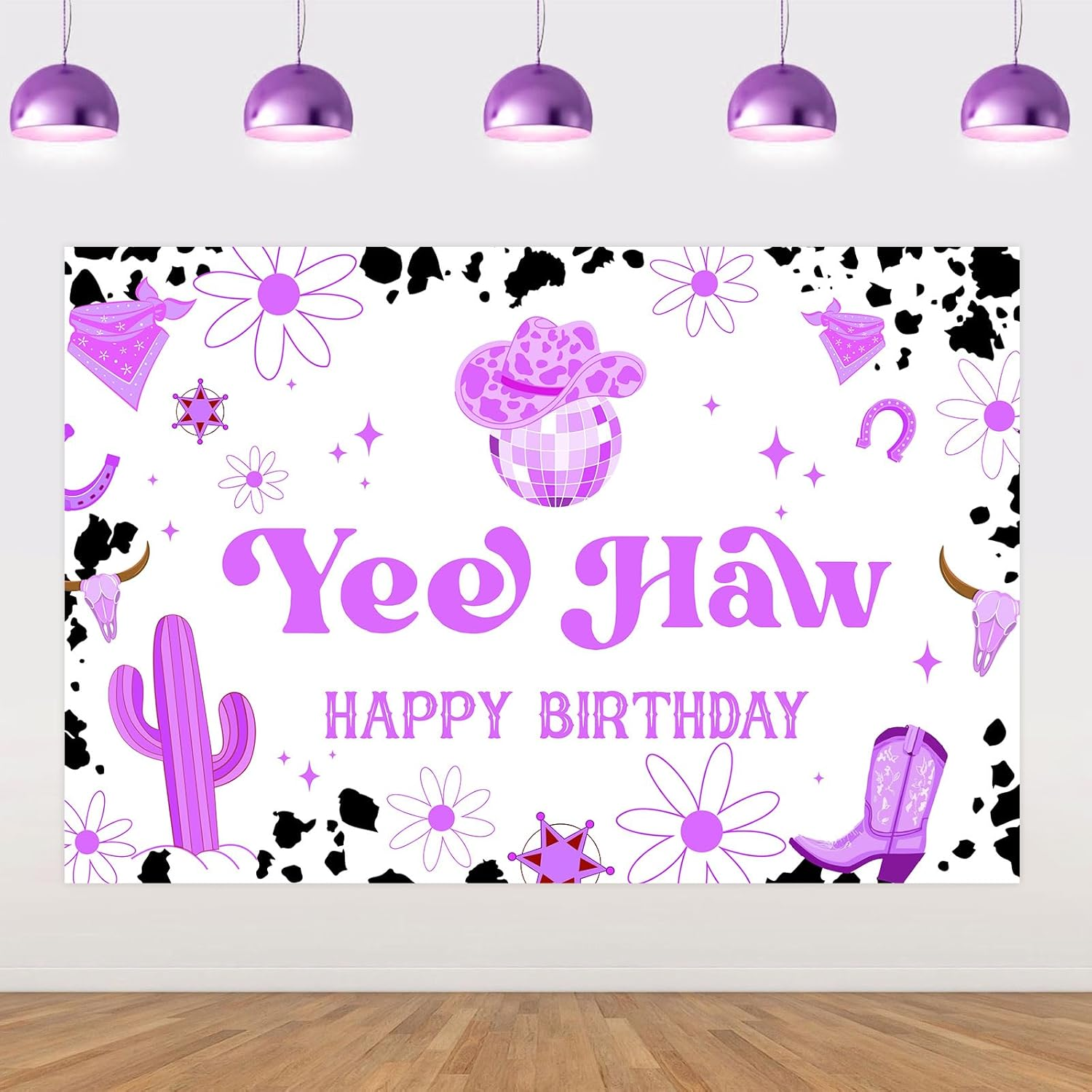 Wonmelody Cowgirl Birthday Party Backdrop Decorations Purple 4.92 * 3.28Ft Yee Haw Happy Birthday Backdrop Banner Western Cowgirl Disco Horse Farm Birthday Party Supplies Photograph Background image number 4