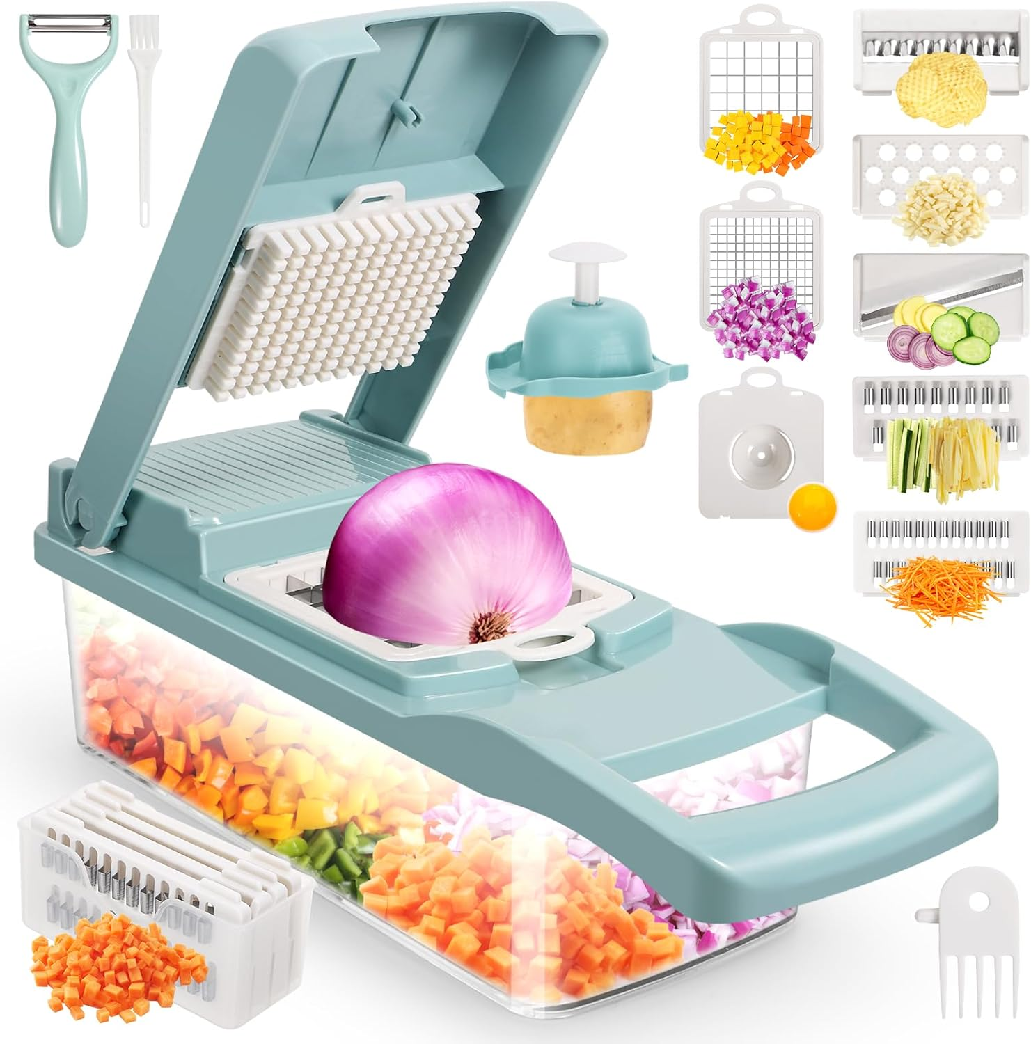 Senbowe Vegetable Chopper, Multifunctional 16-In-1 Food Choppers Onion Chopper Vegetable Slicer Cutter Dicer Veggie Chopper with 8 Blades,Colander Basket,Container for Salad Potato Carrot Garlic