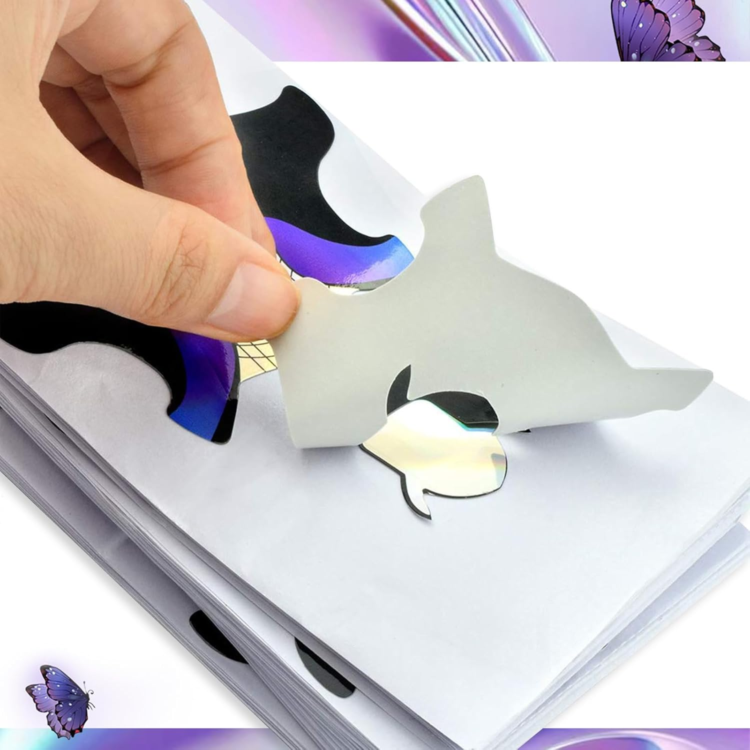 100Pcs Short Black Rainbow Purple Fish Patten Adhesive Nail Forms Guide for UV Gel Acrylic Curve False Nail Tips Extension,Hj-Ntf050 image number 4