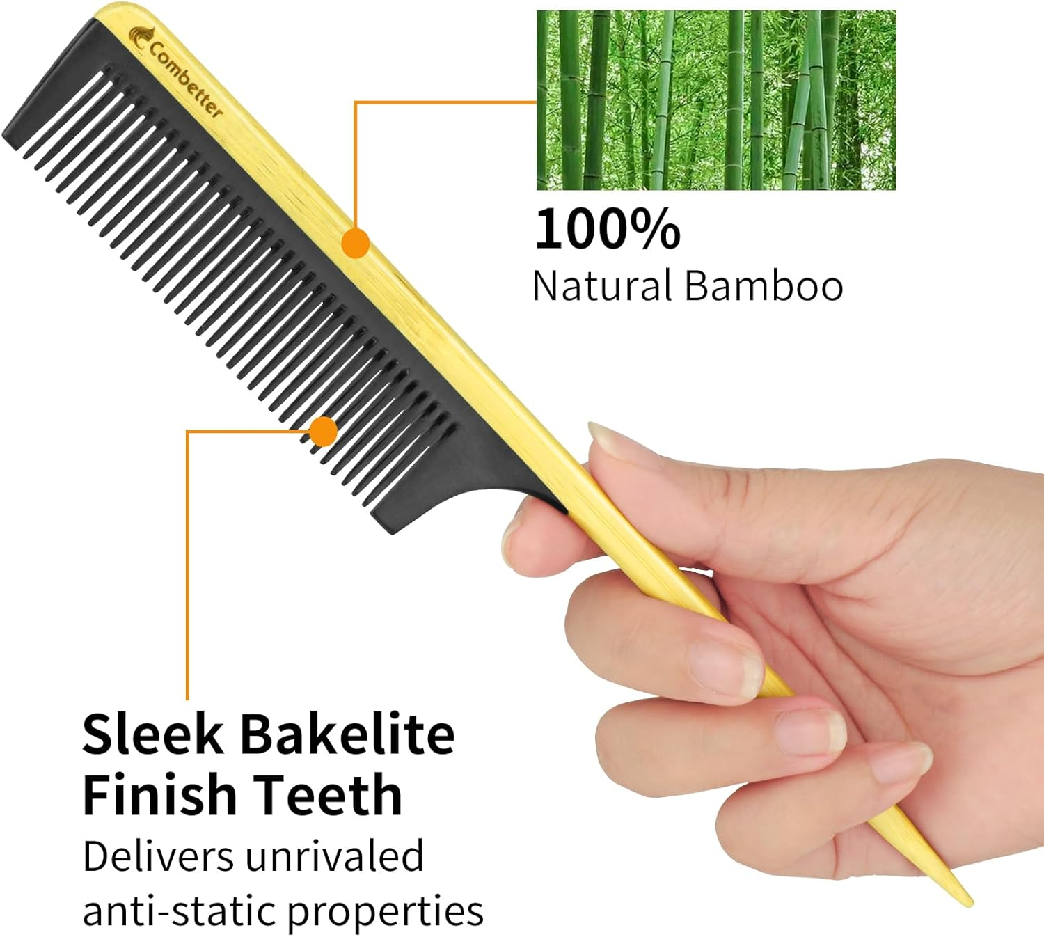 Rat Tail Comb for Hair Styling and Sectioning, Fine Tooth Teasing Comb Parting for Braiding Hair, Eco-Friendly Bamboo and Durable Bakelite Infused Anti-Static Anti-Frizz Hair for Women by Combetter image number 6