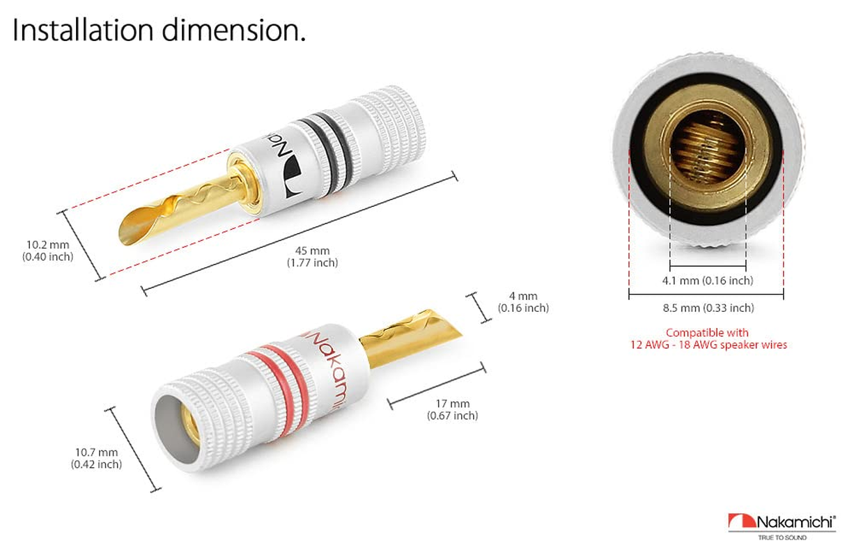 Nakamichi Excel Series 24K Gold Plated Banana Plug 12 AWG - 18 AWG Gauge Size 4Mm Speakers Amplifier Hi-Fi AV Stereo Home Theatre Audio Wire Cable Screw Connector (2 Pcs (1-Pair), BFA Plug) image number 6
