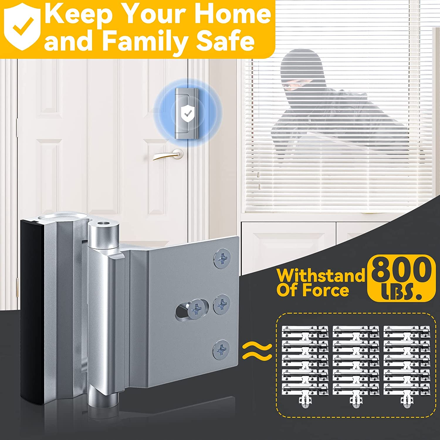 Rerishom 2 Pack Door Lock Withstand 800 Lbs for Inward Swinging Door,Door Reinforcement Lock with 8 Screws to Prevent Unauthorized Entry, Child Proof Pin Tumbler for Extra Home Security and Privacy image number 2