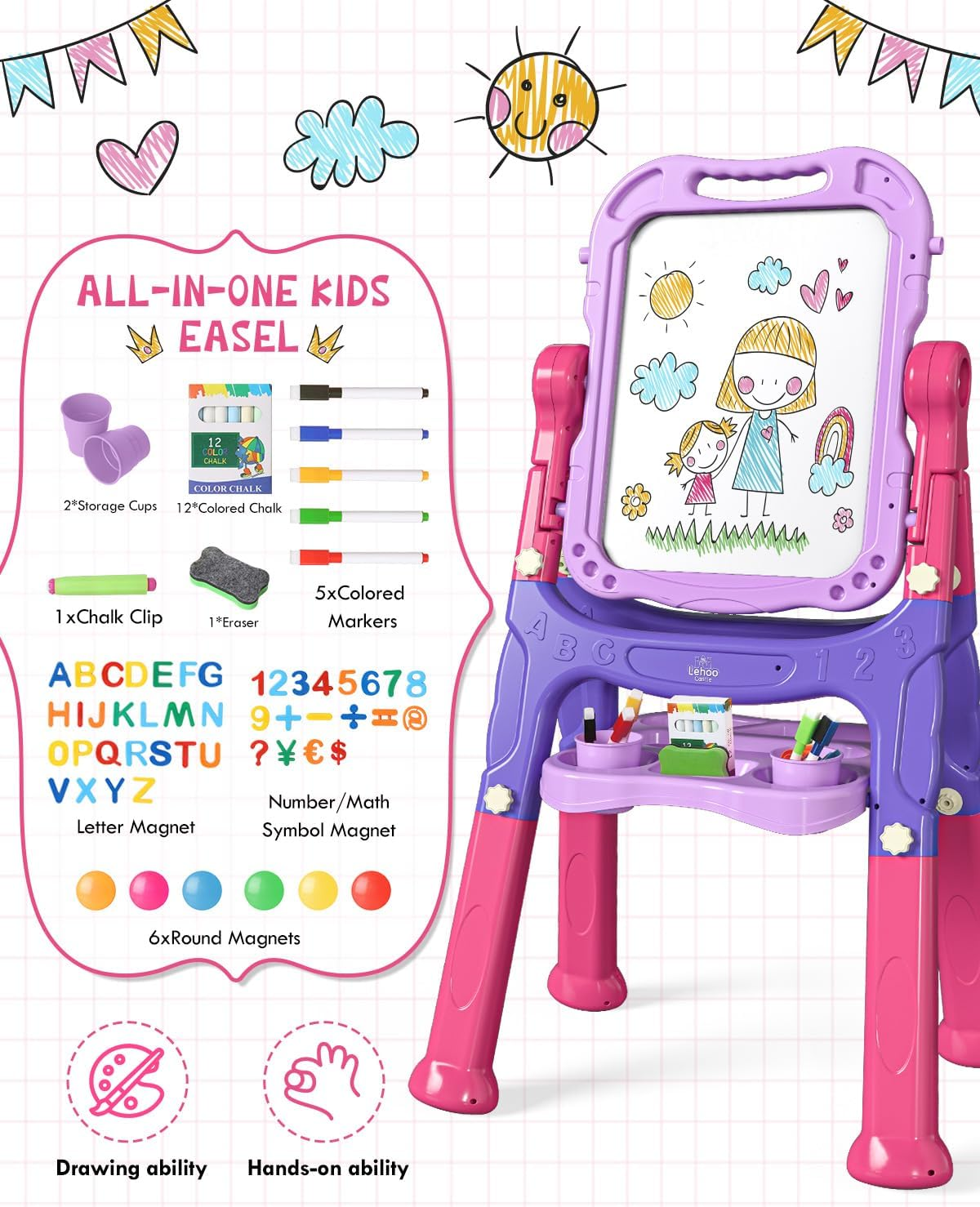 Lehoo Castle 4 in 1 Easel Set for Kids, Kids' Art Easels Height Adjustable, White & Black Board Double Side 360&deg; Rotation, Chalk and Magnet Available with Writing and Drawing Supplies (Purple) image number 3