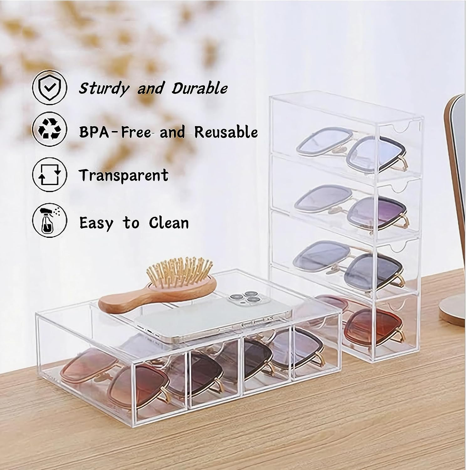 Acrylic Eye Glass Storage Organizer Box with 4 Clear Divided Drawers for Sunglasses Stackable Cosmetic Jewelry Makeup Tabletop Coffee Pod Display Organizer Holder（Clear)