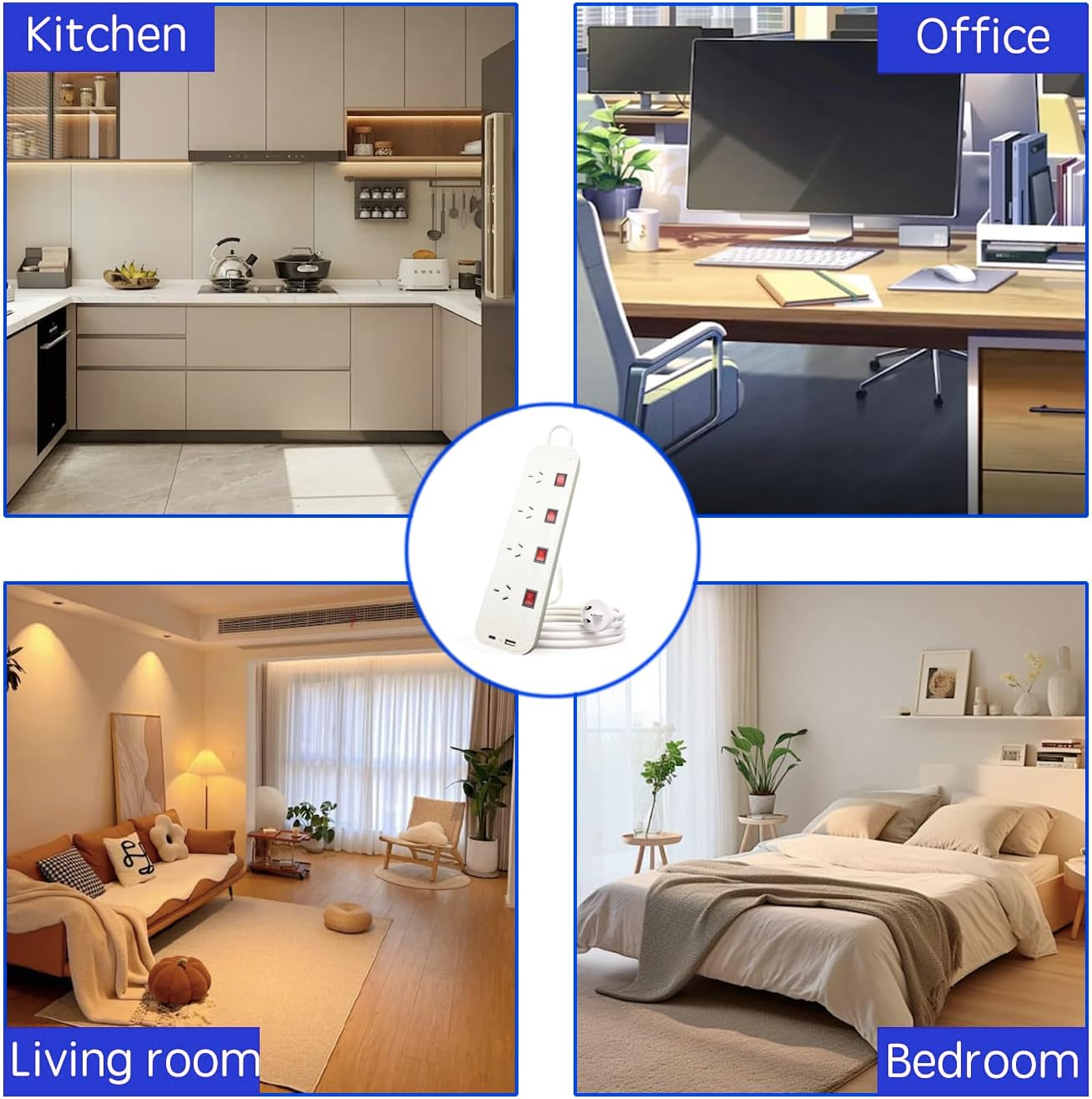 Power Board Surge Protector with Individual Switch, Power Strip with 4 AC Outlets, 1Xusb a and 1Xusb C Charging Port, 2M Extension Cord Power Strip, Wall Mount for Home and Office image number 3