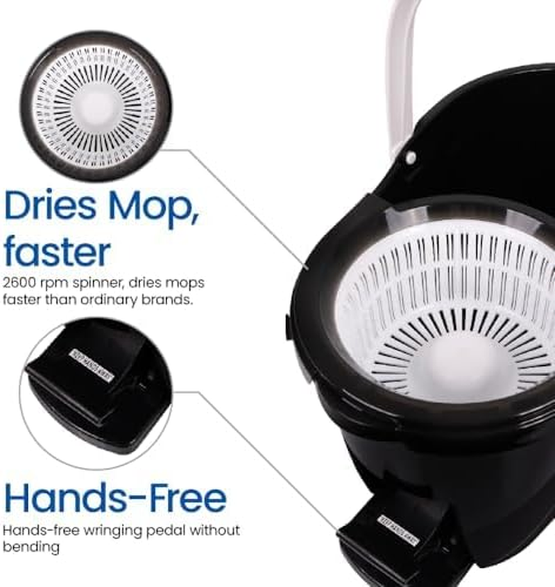 White Magic Spin Mop Duo - Black - Hand Press & Foot Press - Cleans All Hard Floors &ndash; Tile, Timber, Stone, Vinyl - Black/White &ndash; Original & Best image number 1