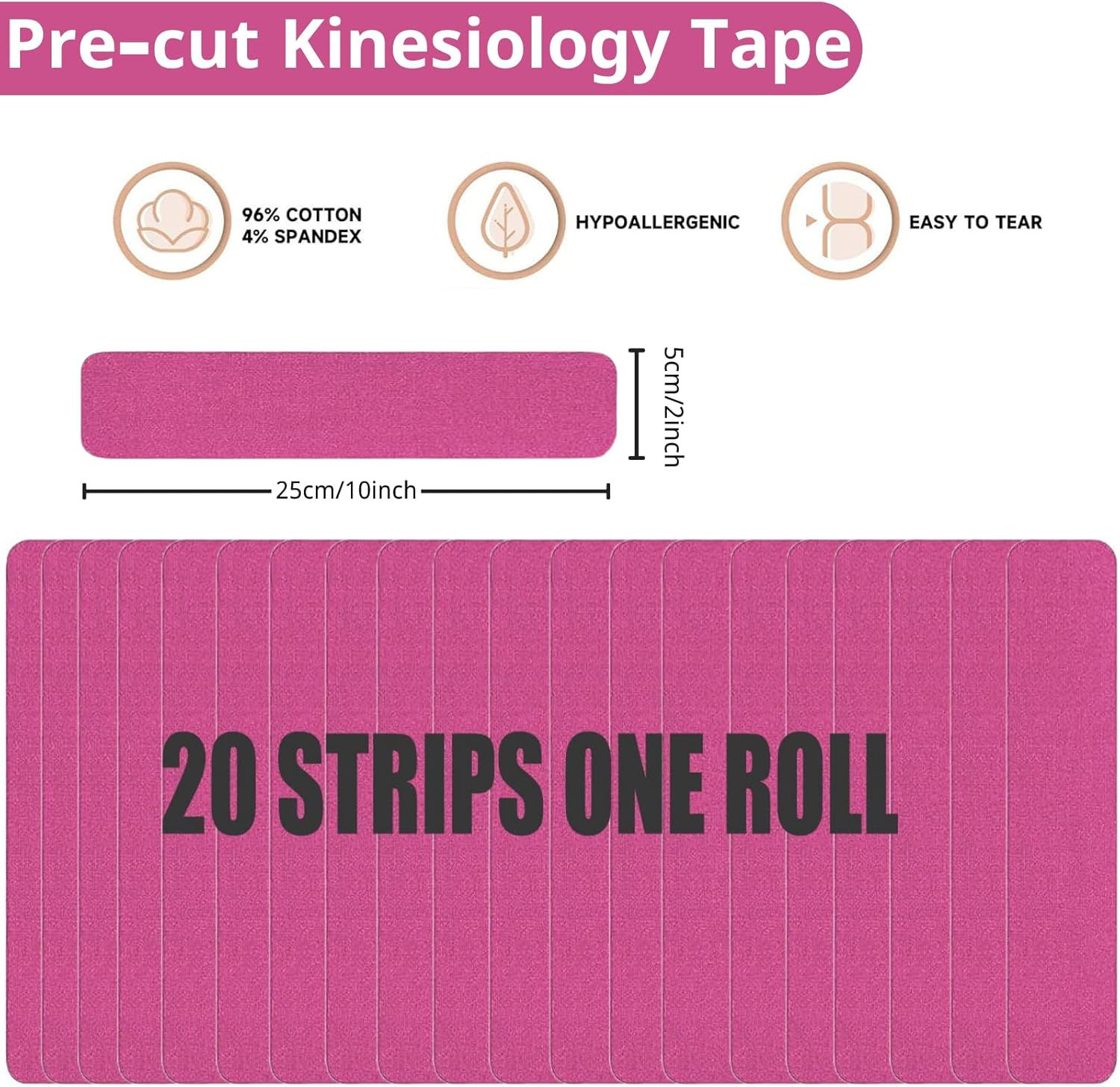 Kinesiology Tape Precut (2Pack), Elastic Therapeutic Sports Tape for Knee Shoulder and Elbow, Muscles, Ankle, Pain Relief, Water Resistant Tape, 20 Precut 10 Inch Strips (Black+Pink) image number 1