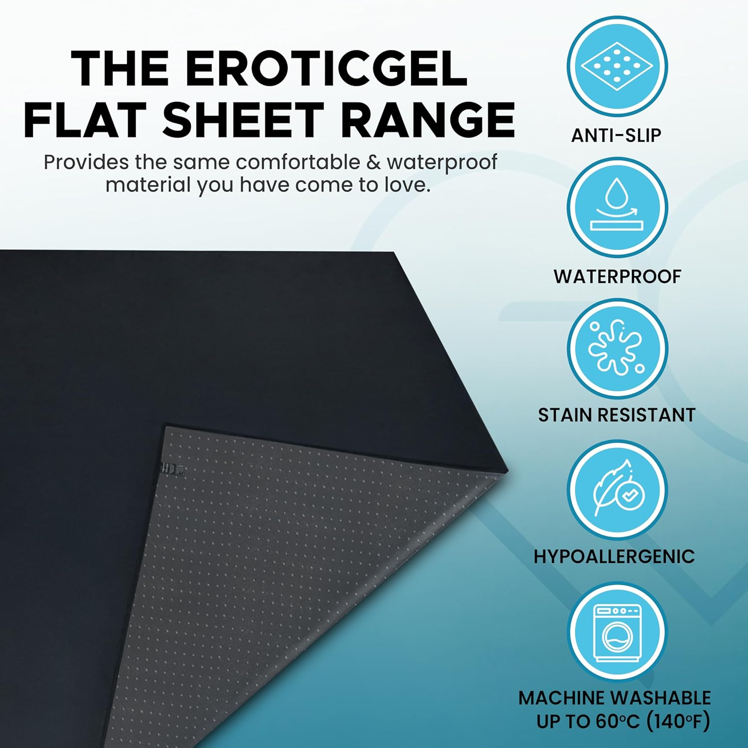 Black Waterproof Flat Drop Sheet (150 Cm X 150 Cm), Anti-Slip Mattress Topper with Strengthened Grip, Protector Cover, Safe with Oil, Water, & Silicone-Based Massage Products, Machine Washable image number 4
