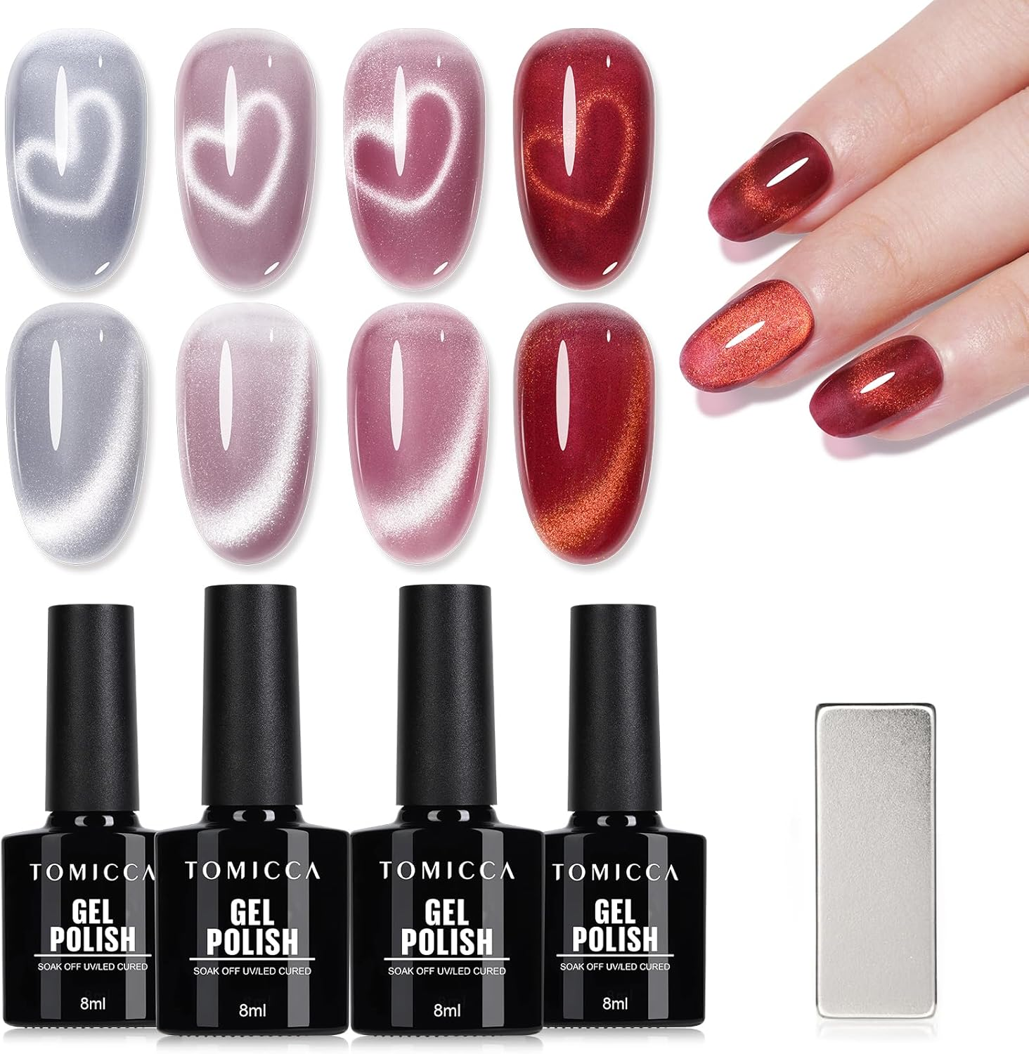 TOMICCA Cat Eye Jelly Gel Nail Polish Set, 4 Pcs Light Color Gel Polish Set Color Gel Nail Polish Soak off LED/UV Gel Polish Set for DIY Nail Salon